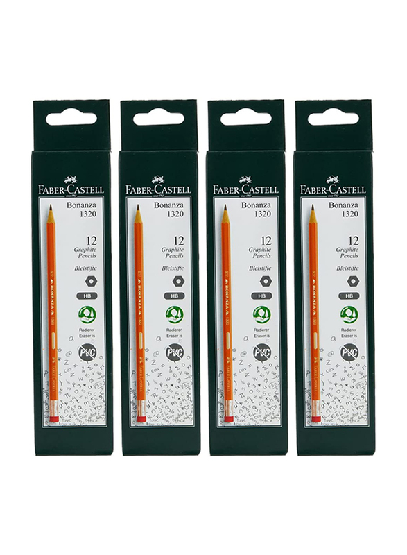 Faber-Castell Bonanza 1320 Graphite Pencil Hb with Eraser Tip, 4 x 12 Pencils, Orange/Black