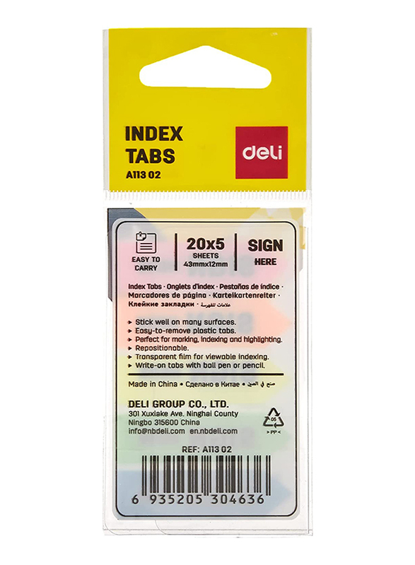 Deli Sign Here Index Tabs Sticky Notes Set, 44 x 12mm, 5 x 20 Sheets, EA11302, Multicolour