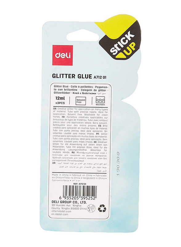 Deli Glitter Glue Tube with Precise Nozzle, 3 Pieces, EA71201, Multicolour