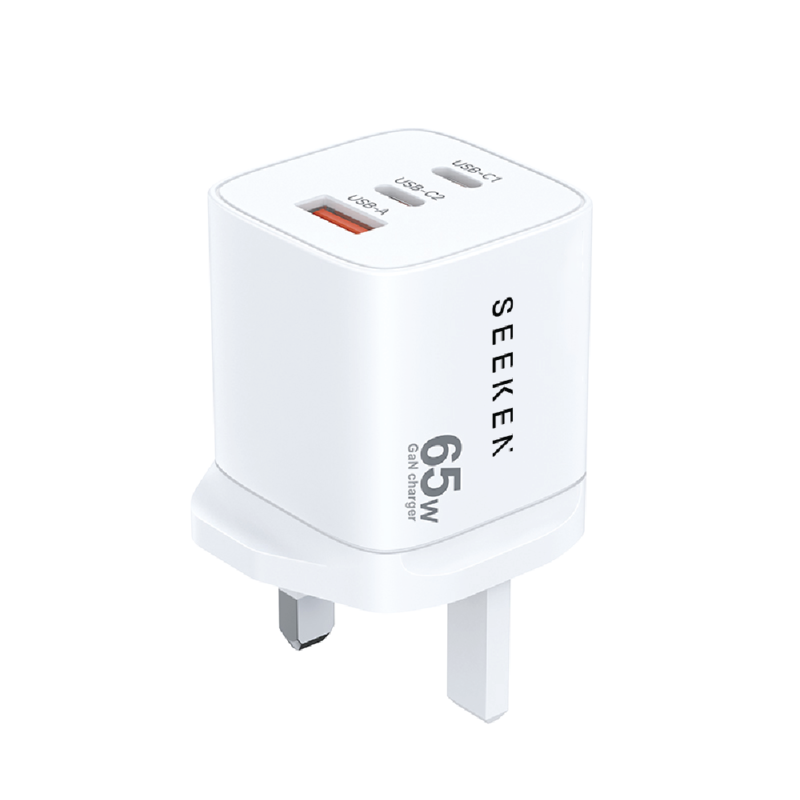 SEEKEN Spectra 65W GAN Charger - White, Fast Charging, 3 in 1, Compact, Power Delivery, Premium Design, High-Quality.