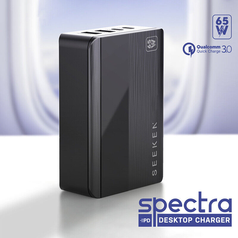 SEEKEN Spectra 65W Desktop Charger-M - Black, Fast Charging, Compact, Power Delivery, Premium Design, High-Quality.