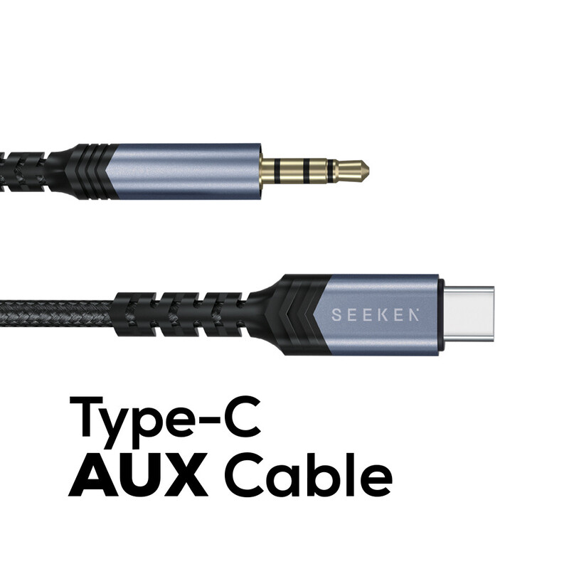 SEEKEN Type-C to AUX 3.5mm Jack 1M Cable -Black, Braided Cable, AUX, Premium Design, High-Quality.