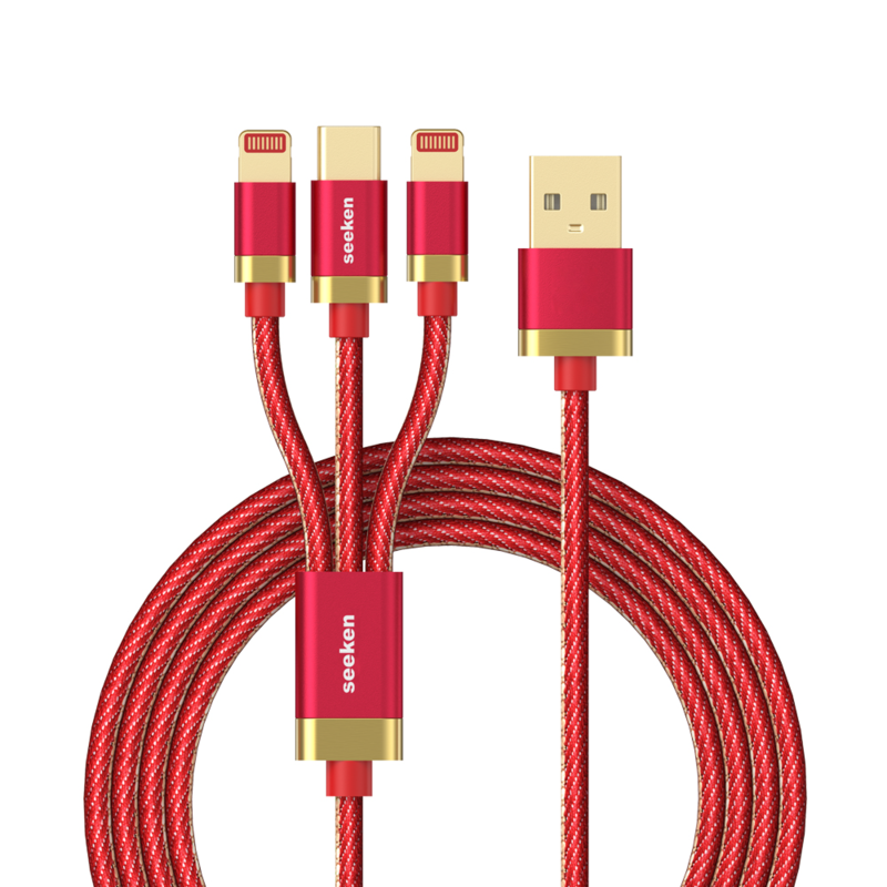 

SEEKEN LIGHTING CABLE 3 IN 1- RED, Fast Charging, Braided Cable, Anti Bending, Premium Design.