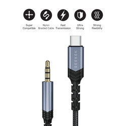 SEEKEN Type-C to AUX 3.5mm Jack 1M Cable -Black, Braided Cable, AUX, Premium Design, High-Quality.