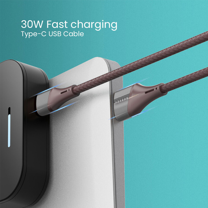 SEEKEN 30W 1M Type-C to USB Cable - Grey, Fast Charging, Braided Cable, Premium Design, High-Quality.