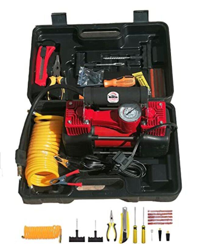 

CFT California Portable Air Compressor Pump Dual Cylinder Heavy Duty Tire Inflator,150 Psi, 12V Air Pump with Tire Repair Kit And Toolbox, Multicolour