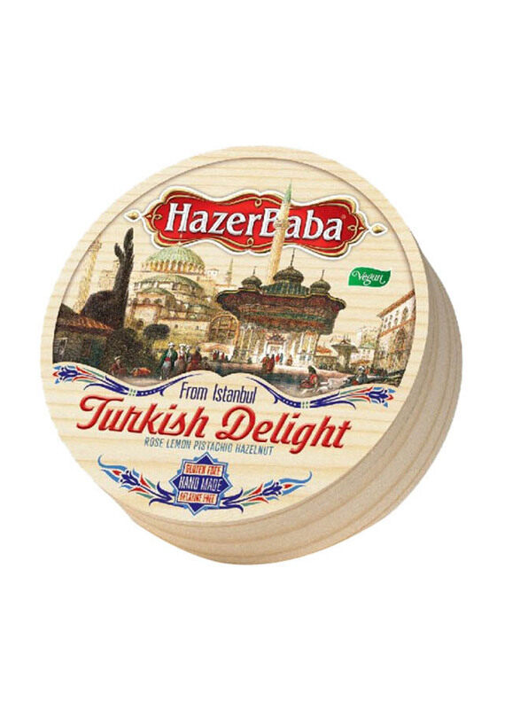 

HazerBaba Turkish Delight Rose Lemon Pistachio-Hazelnut with Wooden Drum Box, 454g